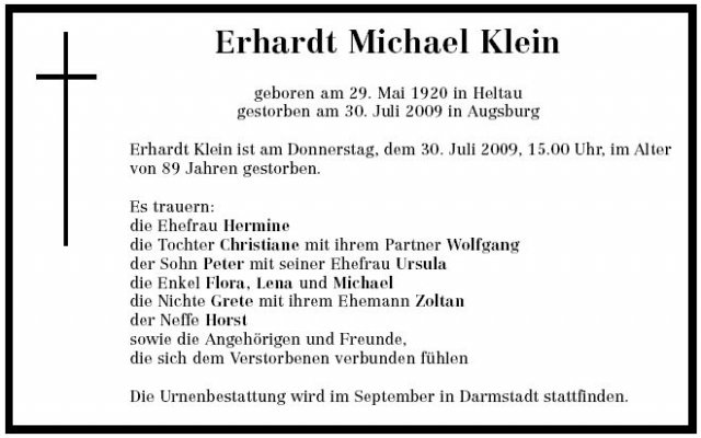 Klein Erhardt Michael 1920-2009Todesanzeige